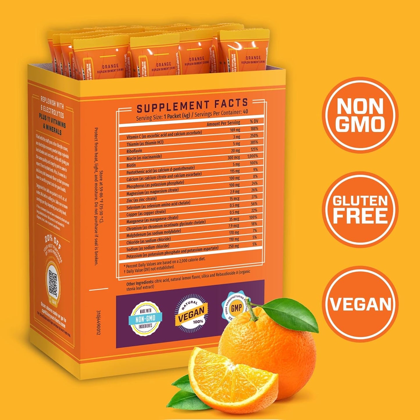 40 Pack Tangy Orange Electrolyte Powder Packets for Hydration - Travel Size, Made in USA, Sugar-Free, Calorie-Free, Gluten-Free