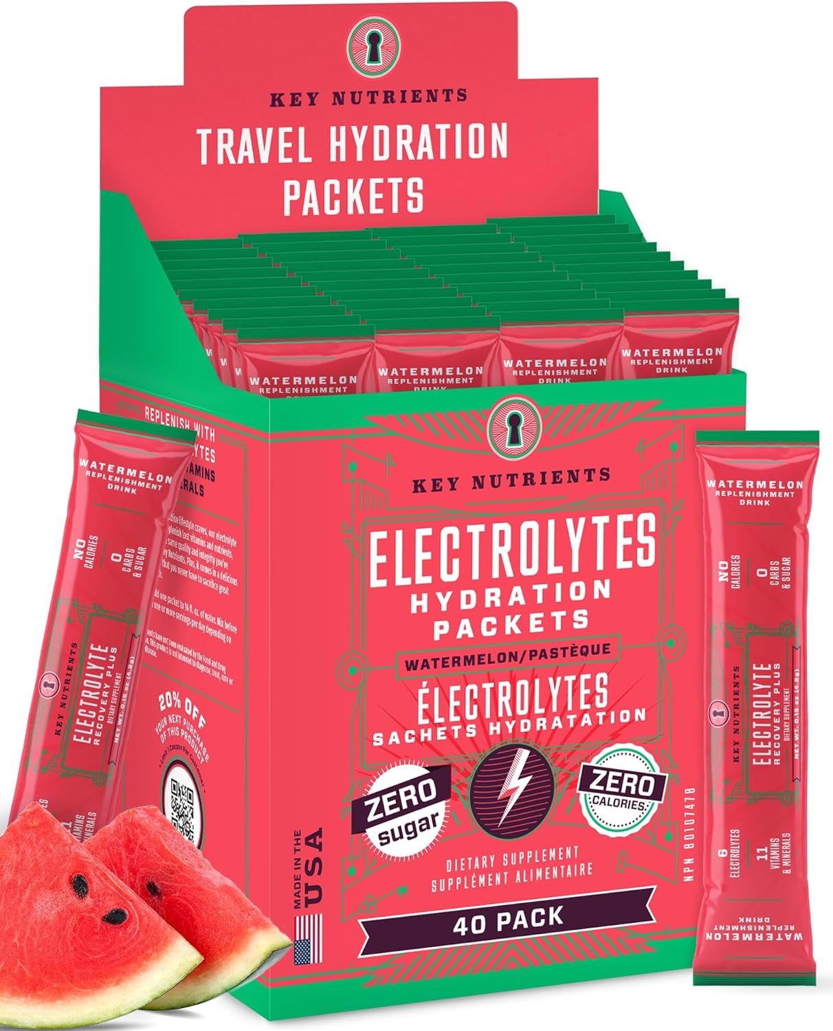 40 Pack Watermelon Electrolyte Powder Packets for Hydration - Travel Size, Made in USA - Sugar-Free, Calorie-Free, Gluten-Free