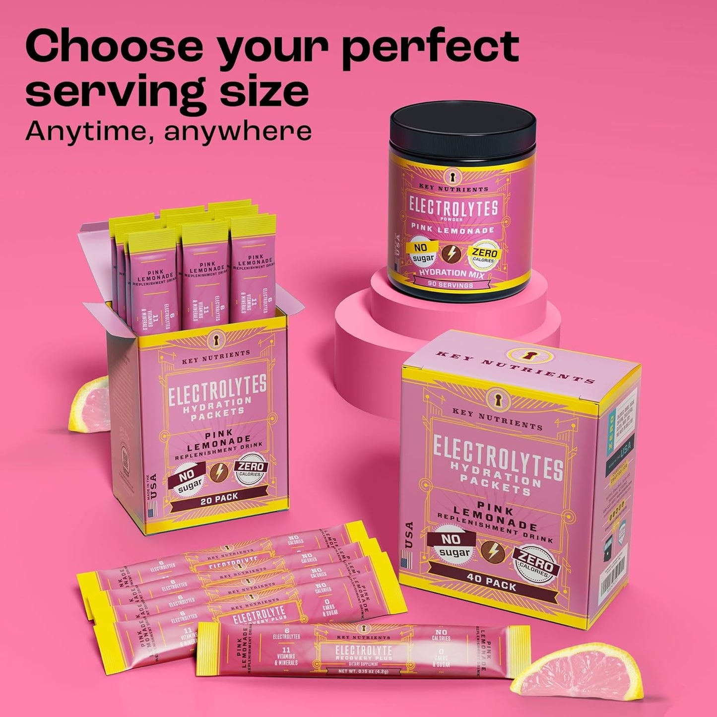 40 Packets of KEY NUTRIENTS Electrolytes Powder in Fresh Pink Lemonade Flavor - Travel-Friendly Hydration Powder with No Sugar, No Calories - Gluten Free - Made in USA