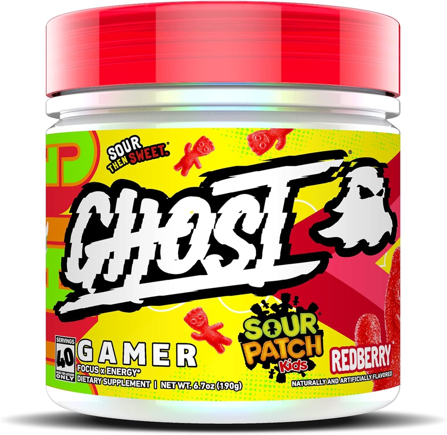 40 Servings GHOST Gamer Energy & Focus Formula, Sour Patch Kids Redberry Flavor - Vegan & Gluten-Free Nootropic with Natural Caffeine for Attention & Reaction Time