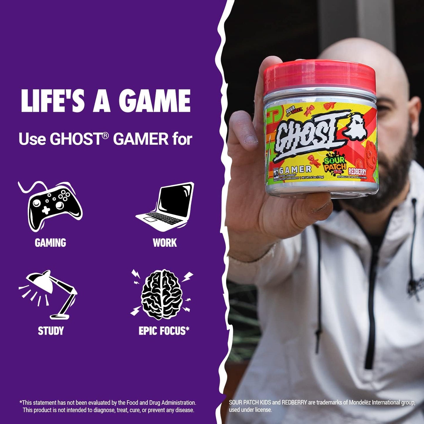 40 Servings GHOST Gamer Energy & Focus Formula, Sour Patch Kids Redberry Flavor - Vegan & Gluten-Free Nootropic with Natural Caffeine for Attention & Reaction Time