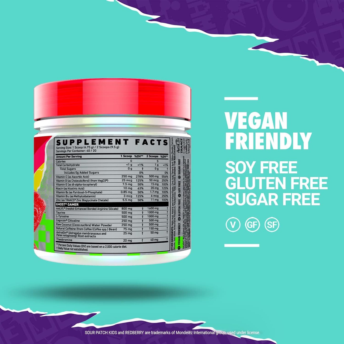 40 Servings GHOST Gamer Energy & Focus Formula, Sour Patch Kids Redberry Flavor - Vegan & Gluten-Free Nootropic with Natural Caffeine for Attention & Reaction Time