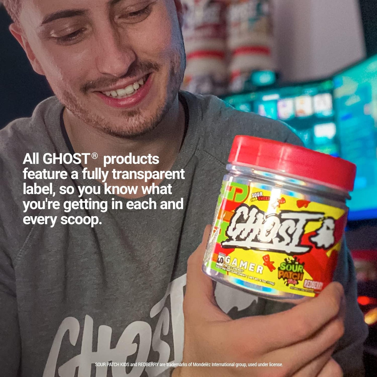 40 Servings GHOST Gamer Energy & Focus Formula, Sour Patch Kids Redberry Flavor - Vegan & Gluten-Free Nootropic with Natural Caffeine for Attention & Reaction Time