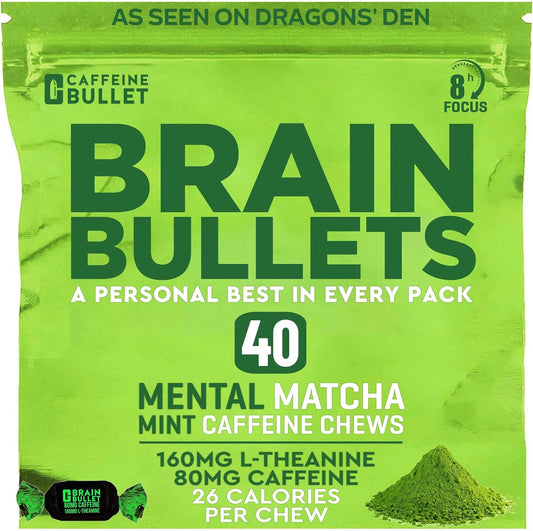 40 Servings of Mint Matcha Brain Bullet Chews with 80mg Caffeine & 160mg L-Theanine for Enhanced Focus and Energy