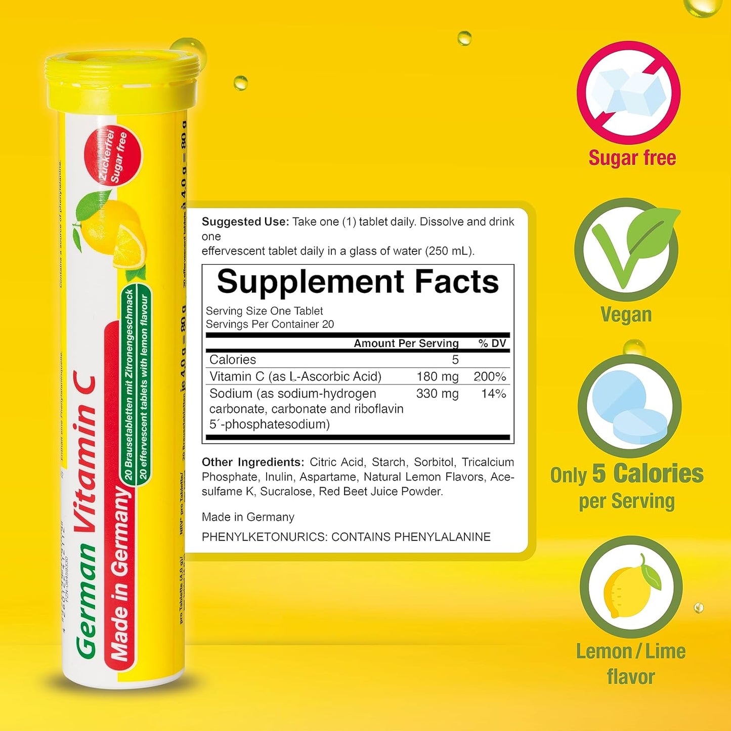 40 Vegan Lemon Lime Flavor Effervescent Vitamin C Tablets 180mg - T&D German Made in Germany