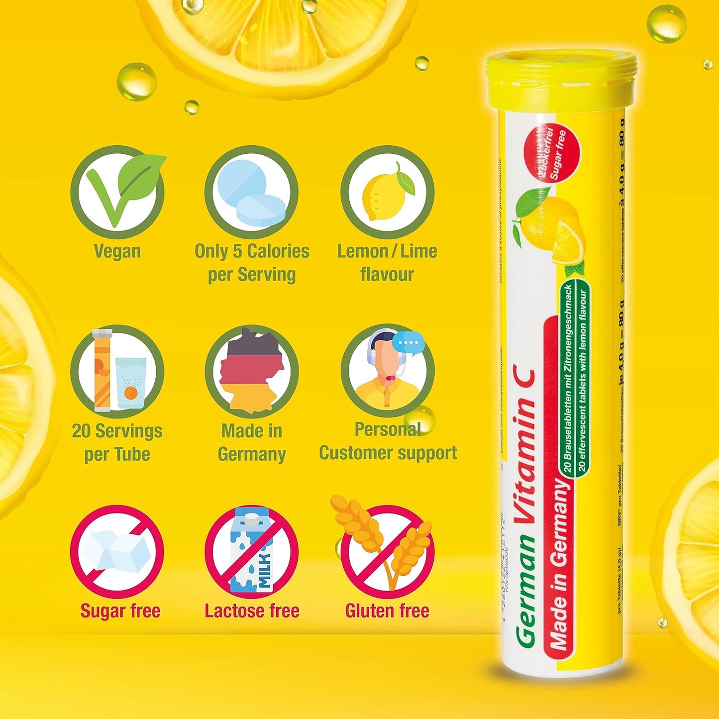 40 Vegan Lemon Lime Flavor Effervescent Vitamin C Tablets 180mg - T&D German Made in Germany