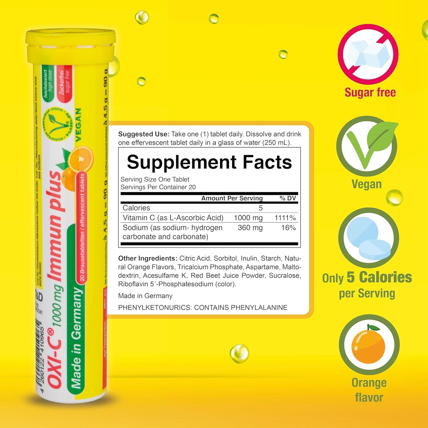 40 Vegan Orange Flavored Effervescent Vitamin C Tablets 1000mg - Made in Germany
