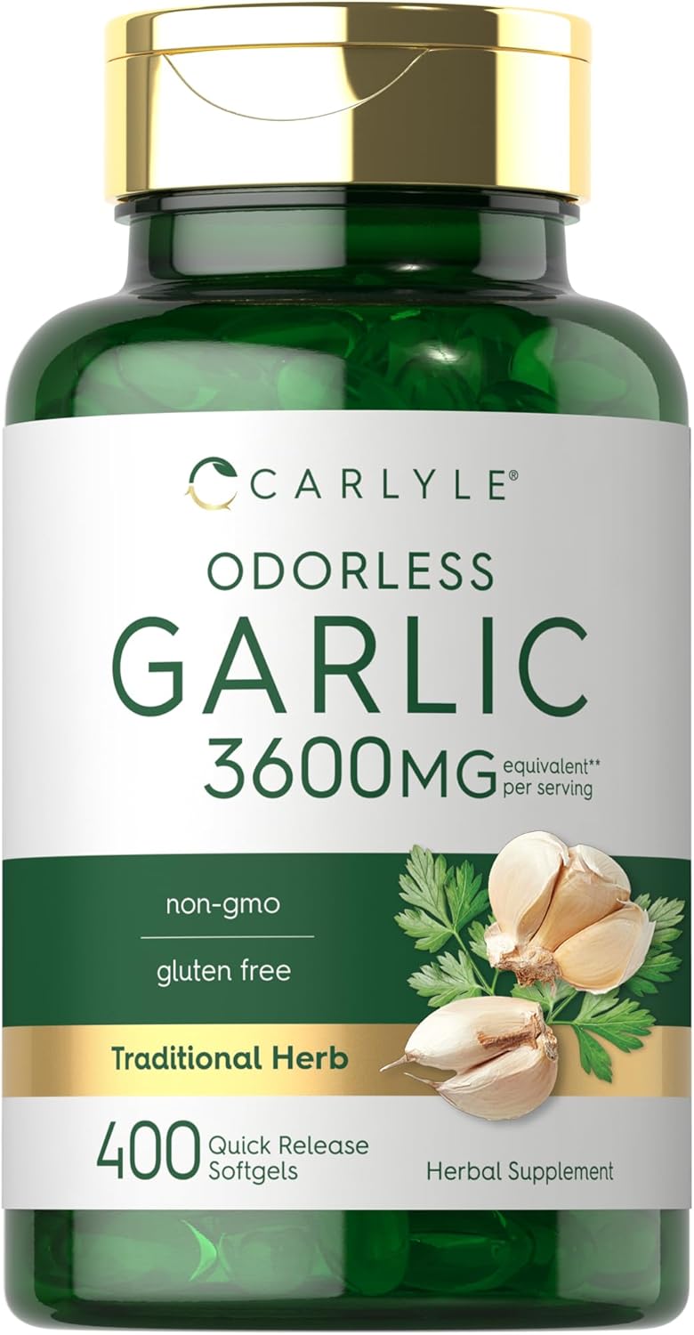 400 Count Carlyle Odorless Garlic Softgels - 3600 mg Allium Sativum Bulb Supplement, Non GMO, Gluten Free
