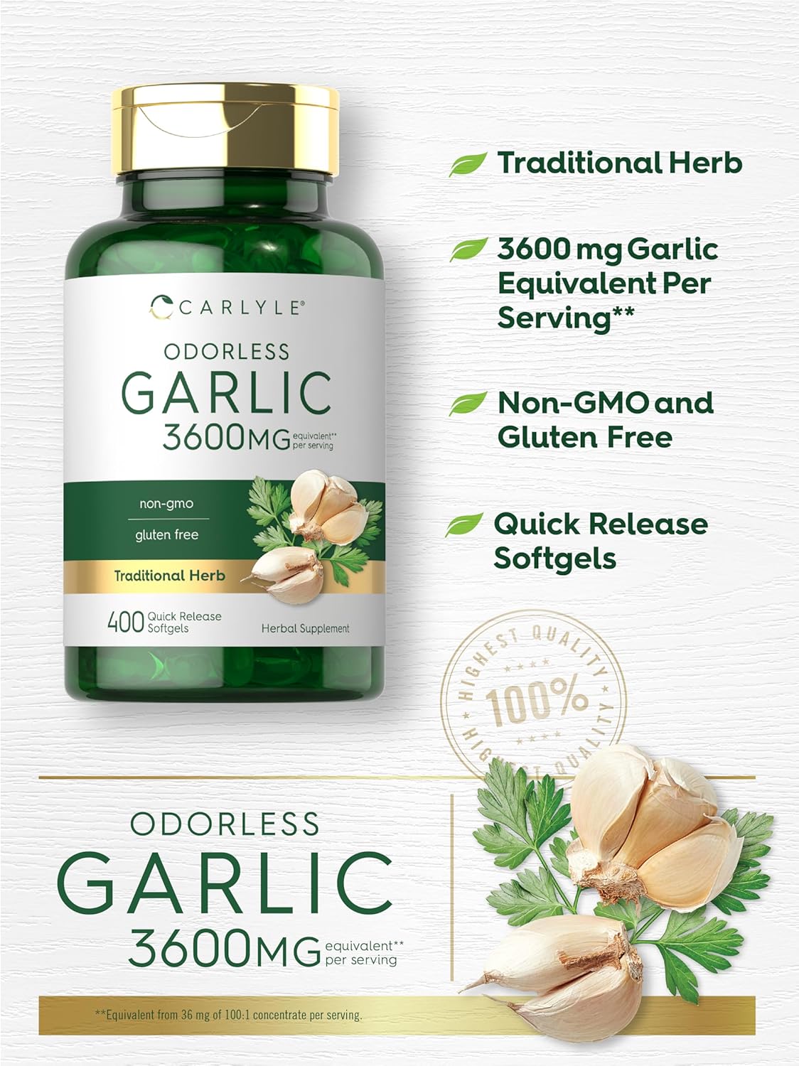 400 Count Carlyle Odorless Garlic Softgels - 3600 mg Allium Sativum Bulb Supplement, Non GMO, Gluten Free
