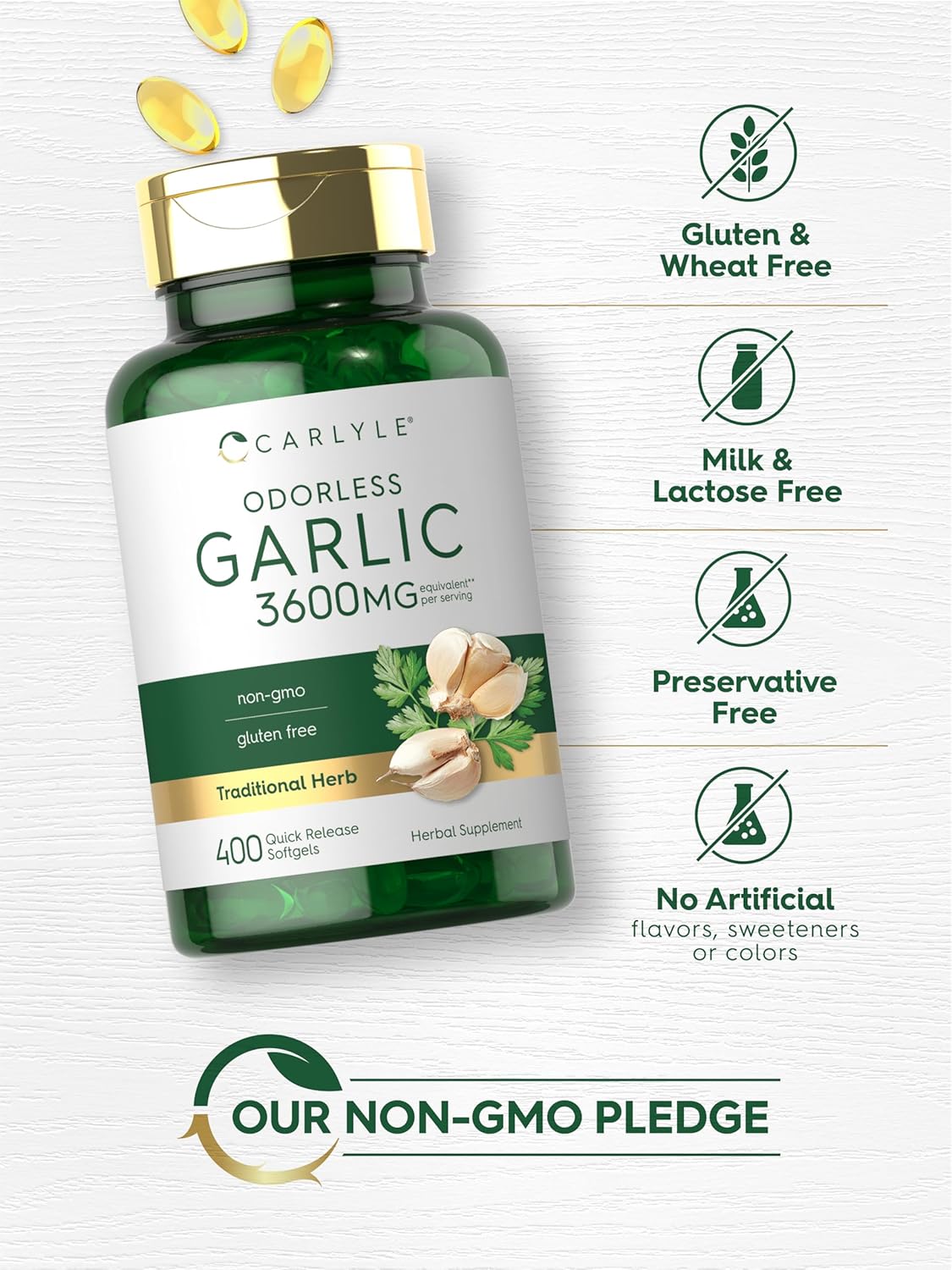 400 Count Carlyle Odorless Garlic Softgels - 3600 mg Allium Sativum Bulb Supplement, Non GMO, Gluten Free