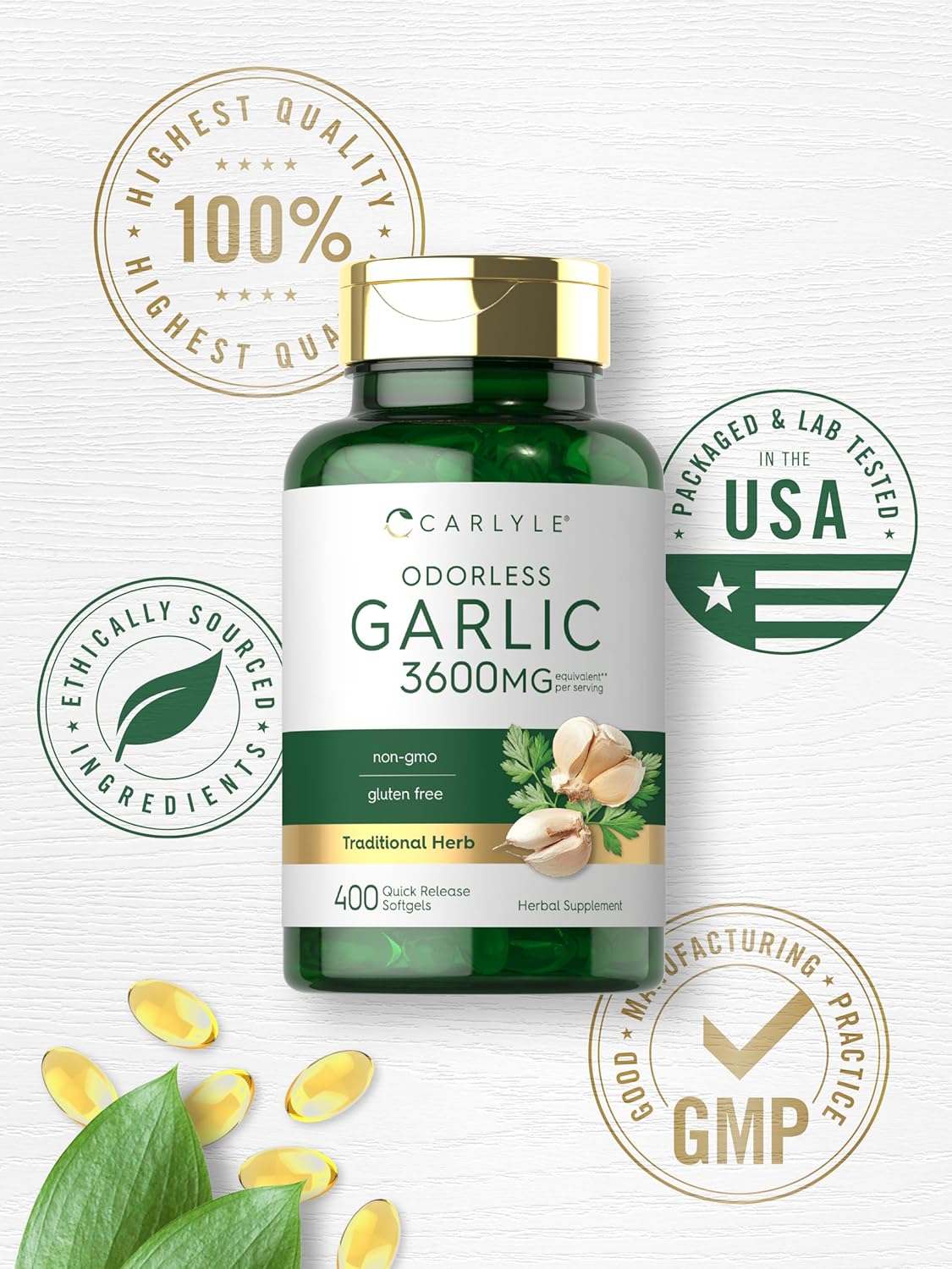 400 Count Carlyle Odorless Garlic Softgels - 3600 mg Allium Sativum Bulb Supplement, Non GMO, Gluten Free