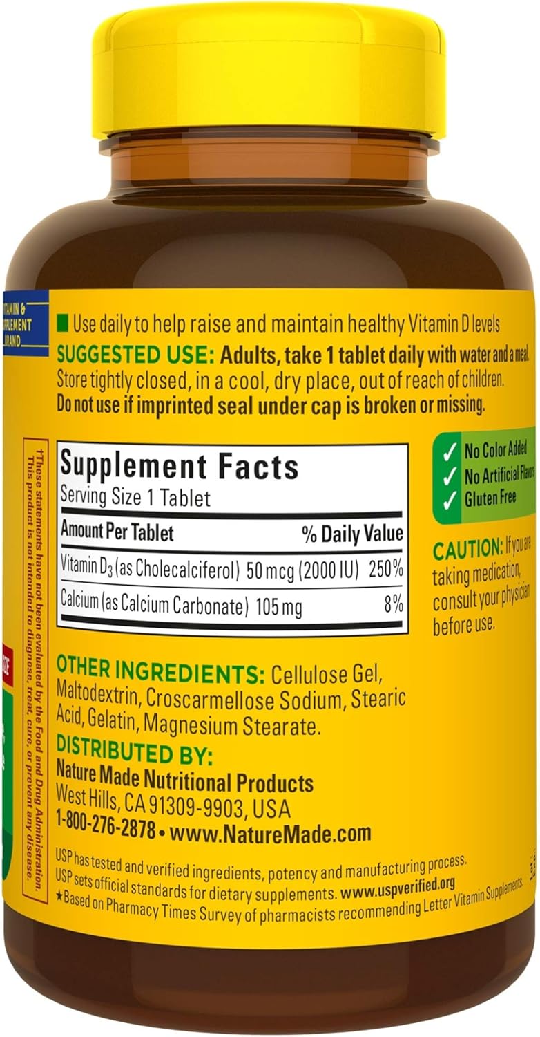 400-Count Nature Made Vitamin D3 Tablets, 2000 IU for Immune Health, Strong Bones & Teeth, Muscle Function - 250% Daily Value