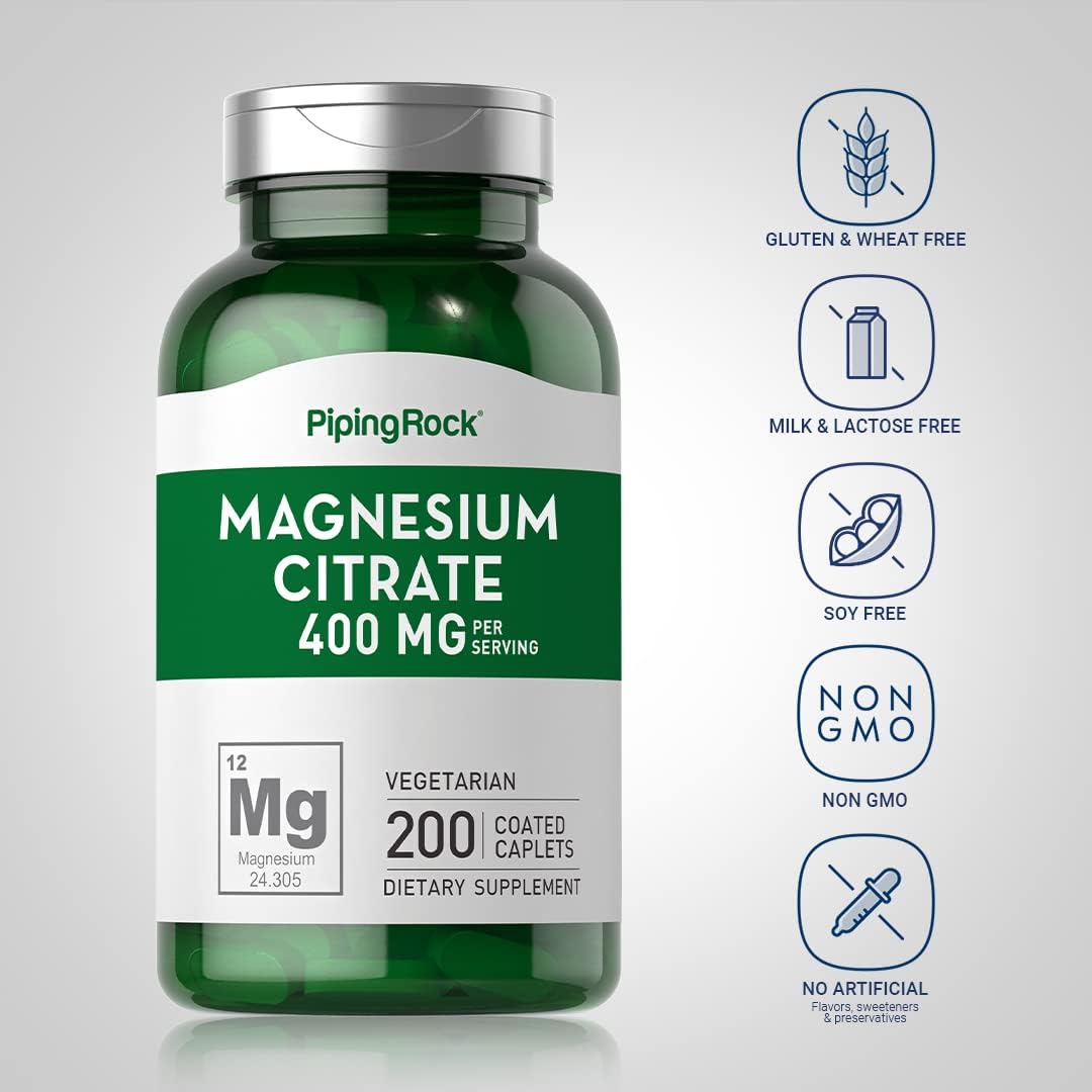 400 mg Magnesium Citrate Caplets - 200 Count | Vegetarian, Non-GMO, Gluten Free Supplement by Piping Rock