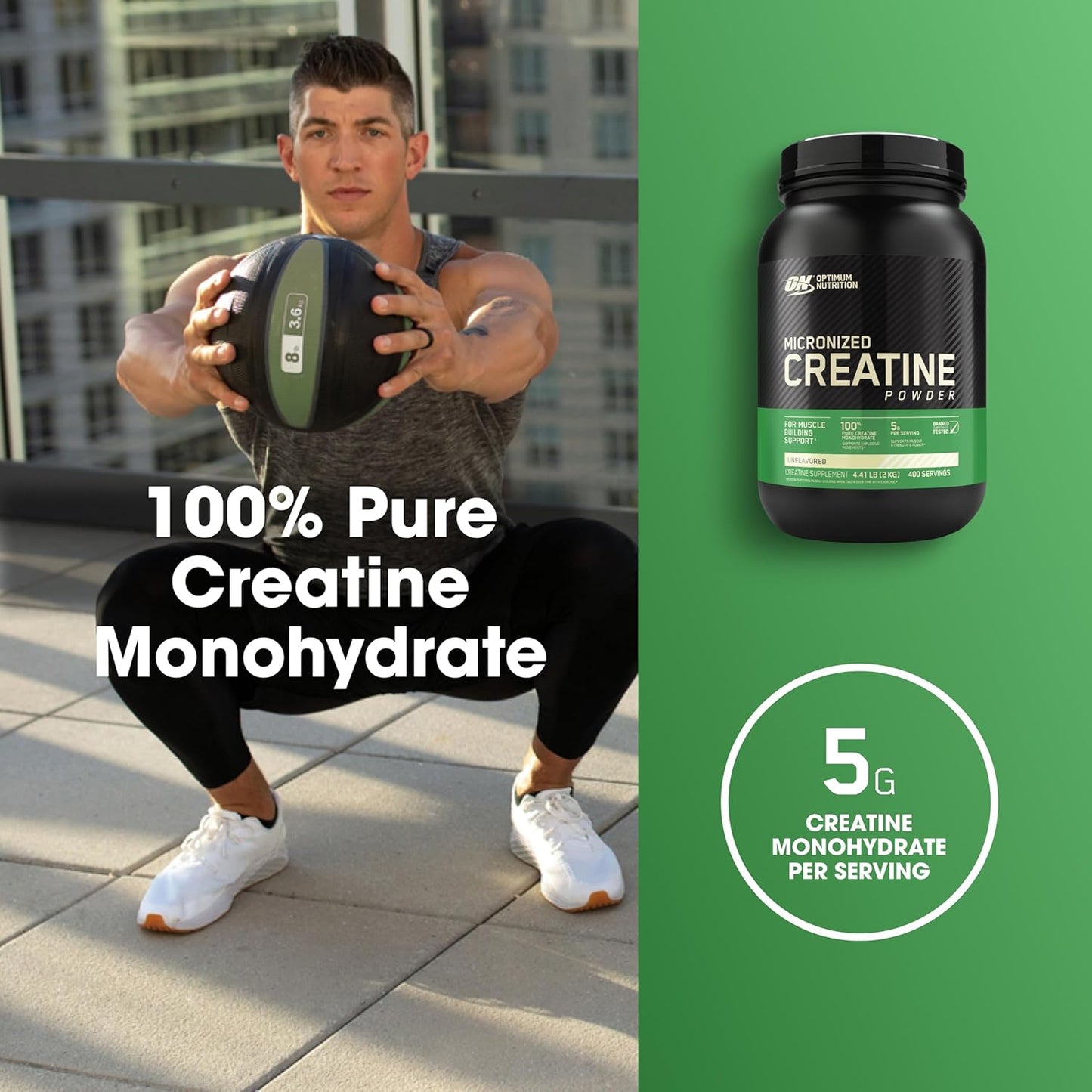 400 Servings of Unflavored Optimum Nutrition Micronized Creatine Monohydrate Powder - 2000 Grams