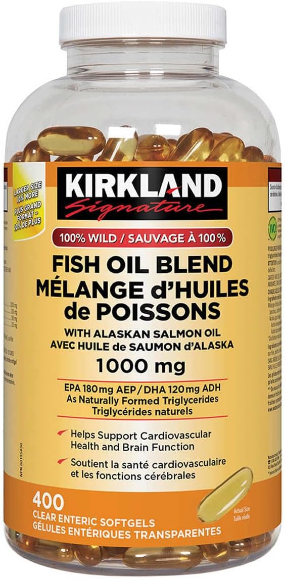 400 Softgels of Kirkland Signature Wild Fish Oil Blend with Alaskan Salmon Oil, 1000mg - Imported from Canada