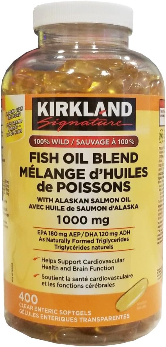 400 Softgels of Kirkland Signature Wild Fish Oil Blend with Alaskan Salmon Oil, 1000mg - Imported from Canada