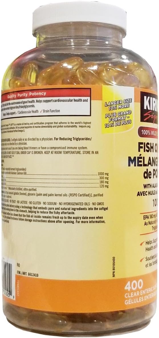 400 Softgels of Kirkland Signature Wild Fish Oil Blend with Alaskan Salmon Oil, 1000mg - Imported from Canada