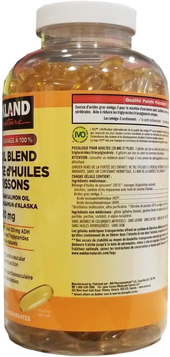 400 Softgels of Kirkland Signature Wild Fish Oil Blend with Alaskan Salmon Oil, 1000mg - Imported from Canada