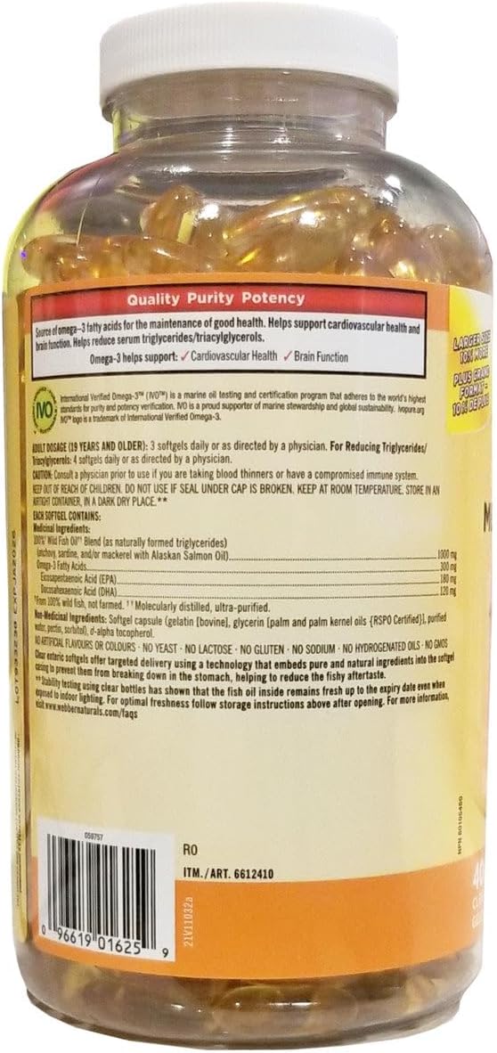 400 Softgels of Kirkland Signature Wild Fish Oil Blend with Alaskan Salmon Oil, 1000mg - Imported from Canada
