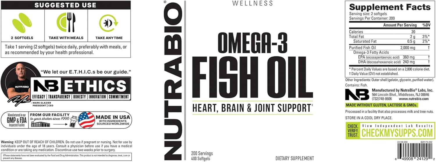 400 Softgels of NutraBio Omega 3 Fish Oil Supplements, Rich in EPA DHA Omega 3 Fatty Acids for Heart Health Support