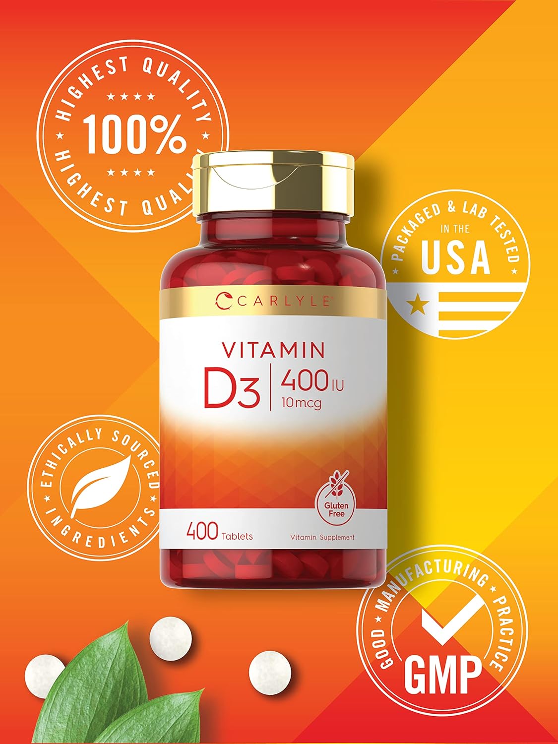400 Tablets Carlyle Vitamin D3 Supplement | 400iu (10mcg) | Vegetarian, Non-GMO, Gluten Free