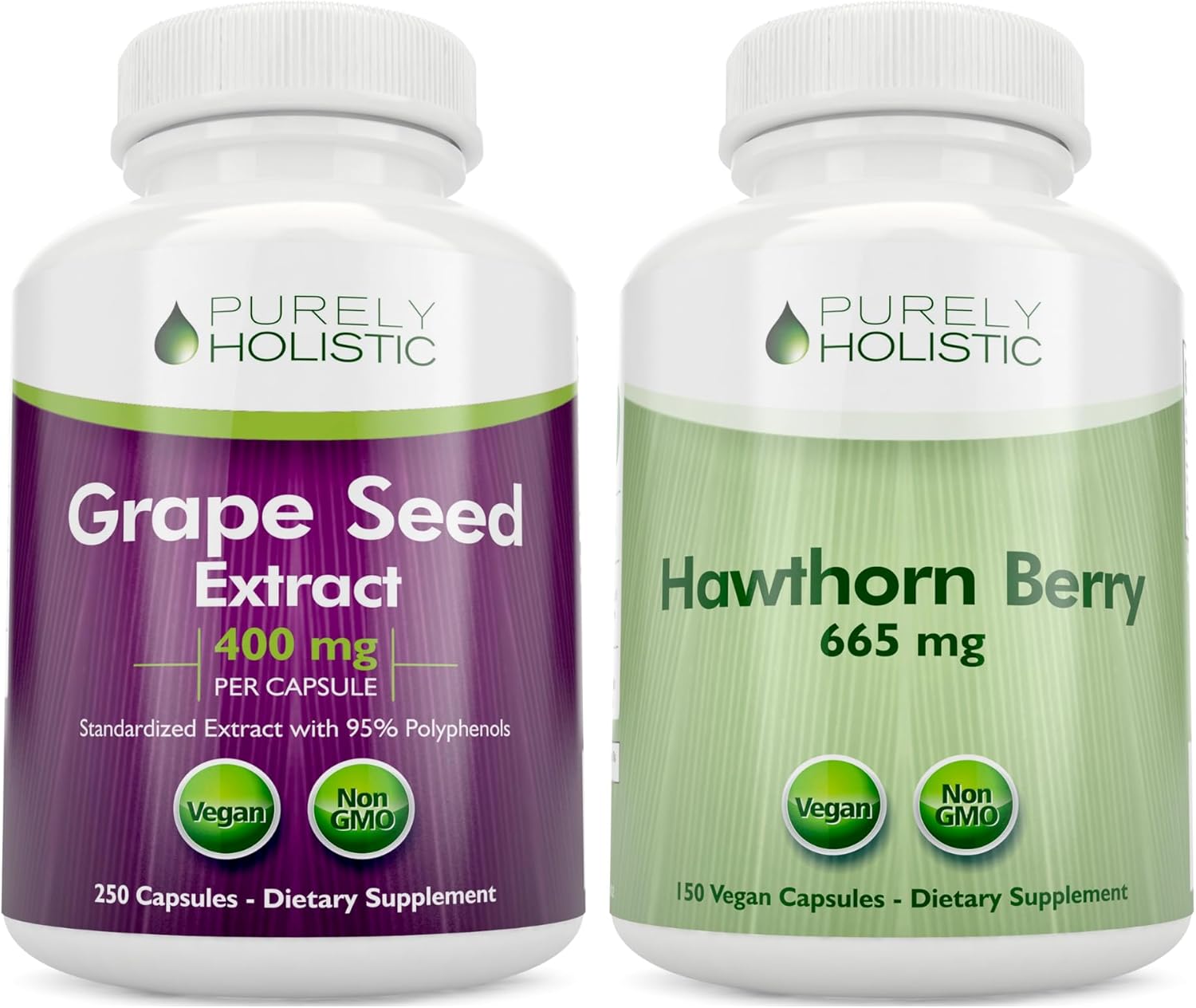 400 Vegan Capsules of Purely Holistic Grape Seed Extract and Hawthorn Berry Bundle - 400mg + 665mg - USA Made