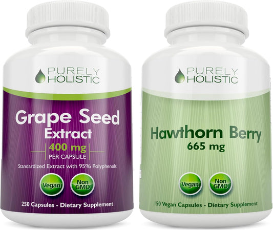 400 Vegan Capsules of Purely Holistic Grape Seed Extract and Hawthorn Berry Bundle - 400mg + 665mg - USA Made