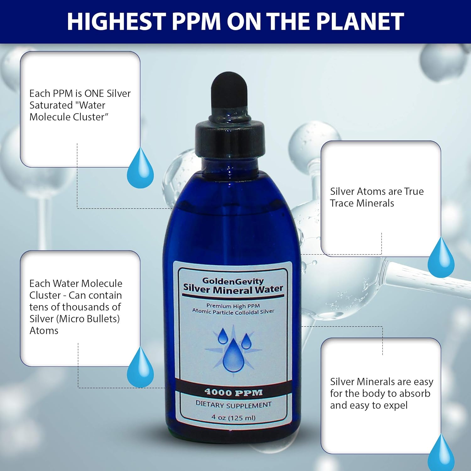 4000 PPM Bioactive Atomic Colloidal Silver 4 oz - Non-Toxic Immune Support Supplement