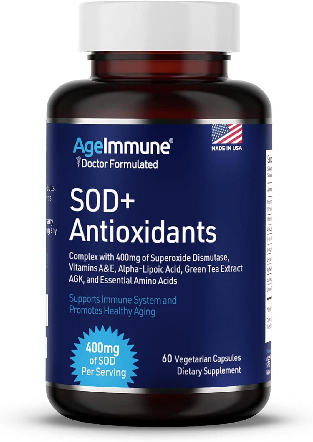 400mg AgeImmune SOD Antioxidants Complex Supplement for Healthy Aging - Alpha Lipoic Acid, L-Arginine, Lysine, AKG - Immune Support with Vitamin A & E - 60 Capsules
