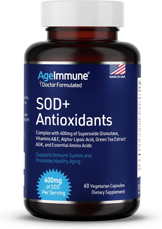 400mg AgeImmune SOD Antioxidants Complex Supplement for Healthy Aging - Alpha Lipoic Acid, L-Arginine, Lysine, AKG - Immune Support with Vitamin A & E - 60 Capsules