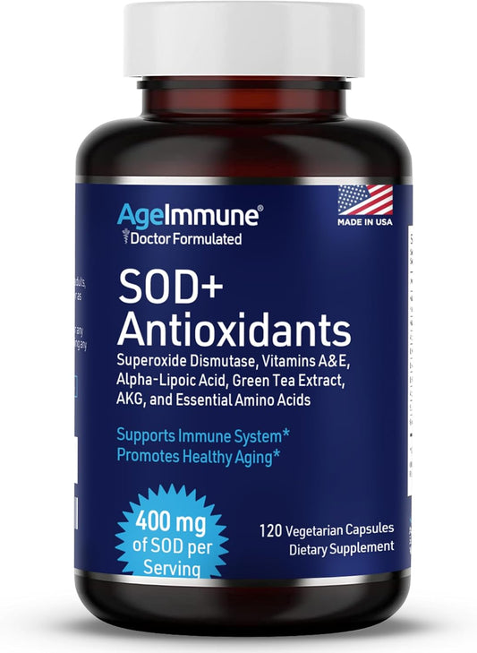 400mg AgeImmune SOD Antioxidants Complex Supplement with Alpha Lipoic Acid, Green Tea Extract, L-Arginine, Lysine, AKG, Vitamins A & E - 120 Capsules for Healthy Aging & Immune Support