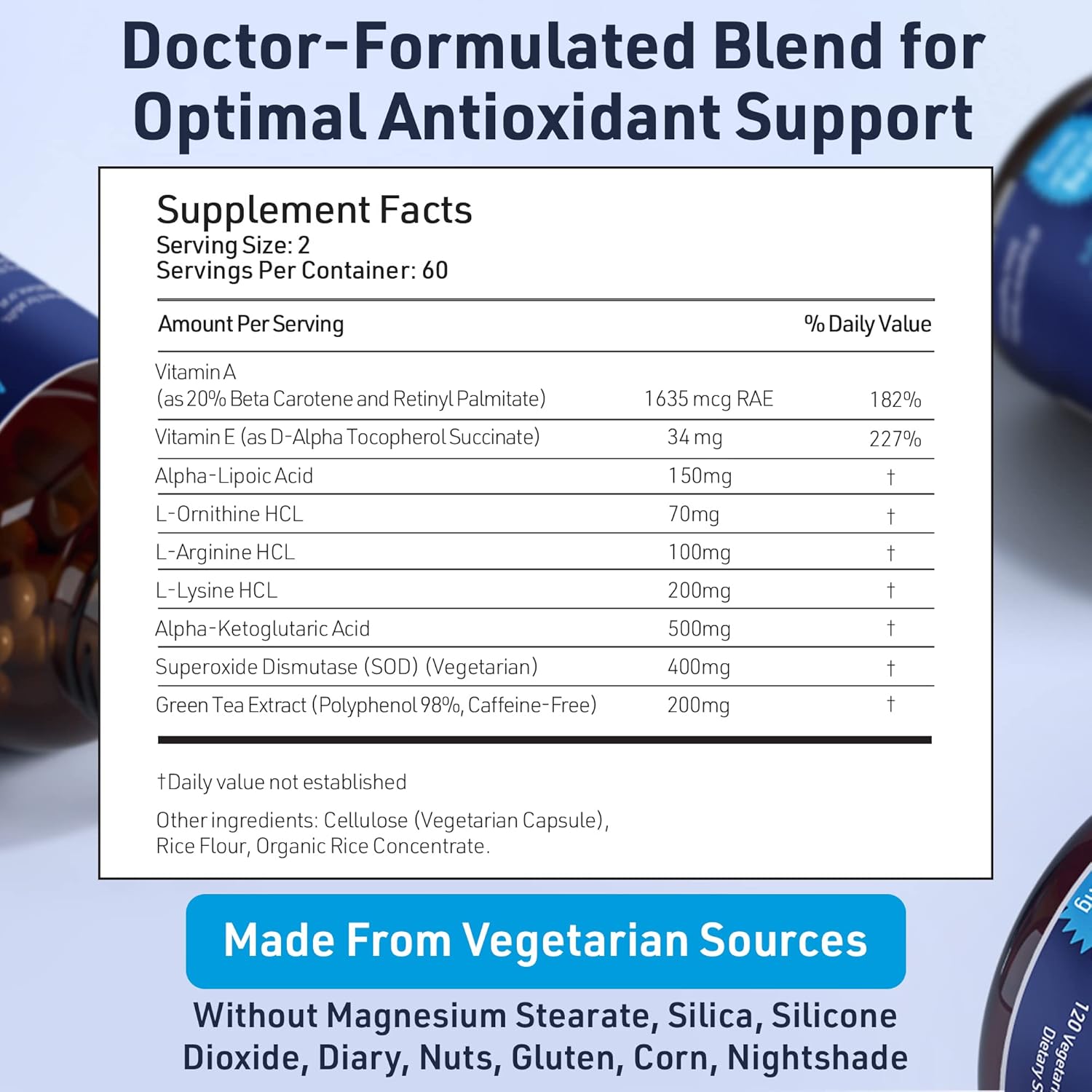 400mg AgeImmune SOD Antioxidants Complex Supplement with Alpha Lipoic Acid, Green Tea Extract, L-Arginine, Lysine, AKG, Vitamins A & E - 120 Capsules for Healthy Aging & Immune Support