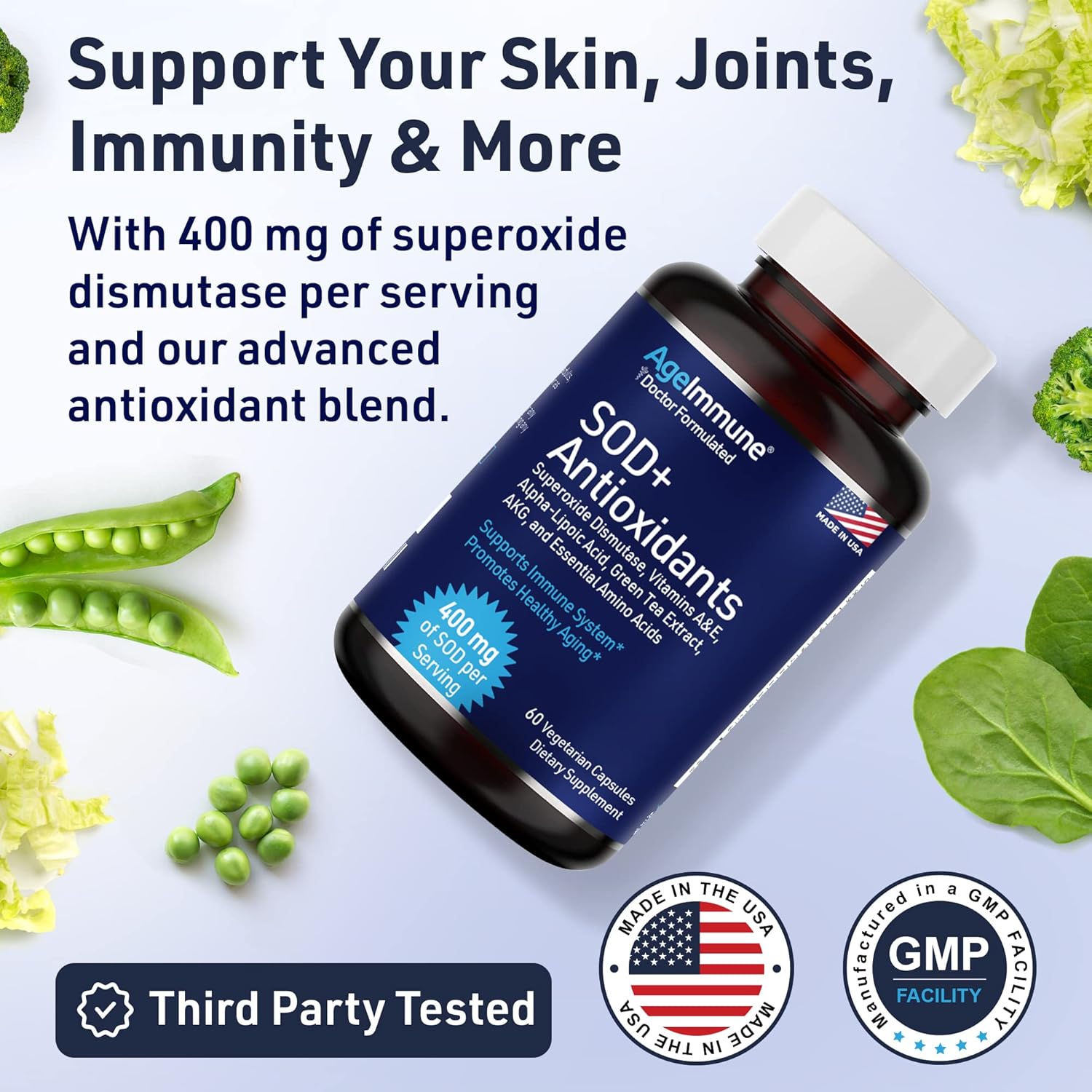 400mg AgeImmune SOD Antioxidants Complex Supplement for Healthy Aging - Alpha Lipoic Acid, L-Arginine, Lysine, AKG - Immune Support with Vitamin A & E - 60 Capsules