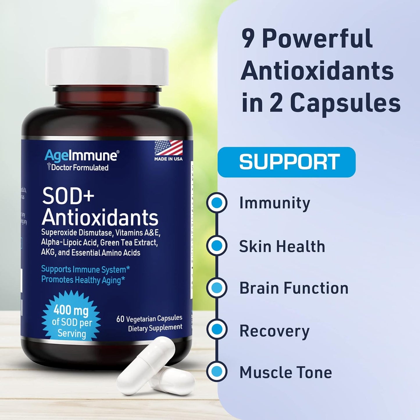 400mg AgeImmune SOD Antioxidants Complex Supplement for Healthy Aging - Alpha Lipoic Acid, L-Arginine, Lysine, AKG - Immune Support with Vitamin A & E - 60 Capsules