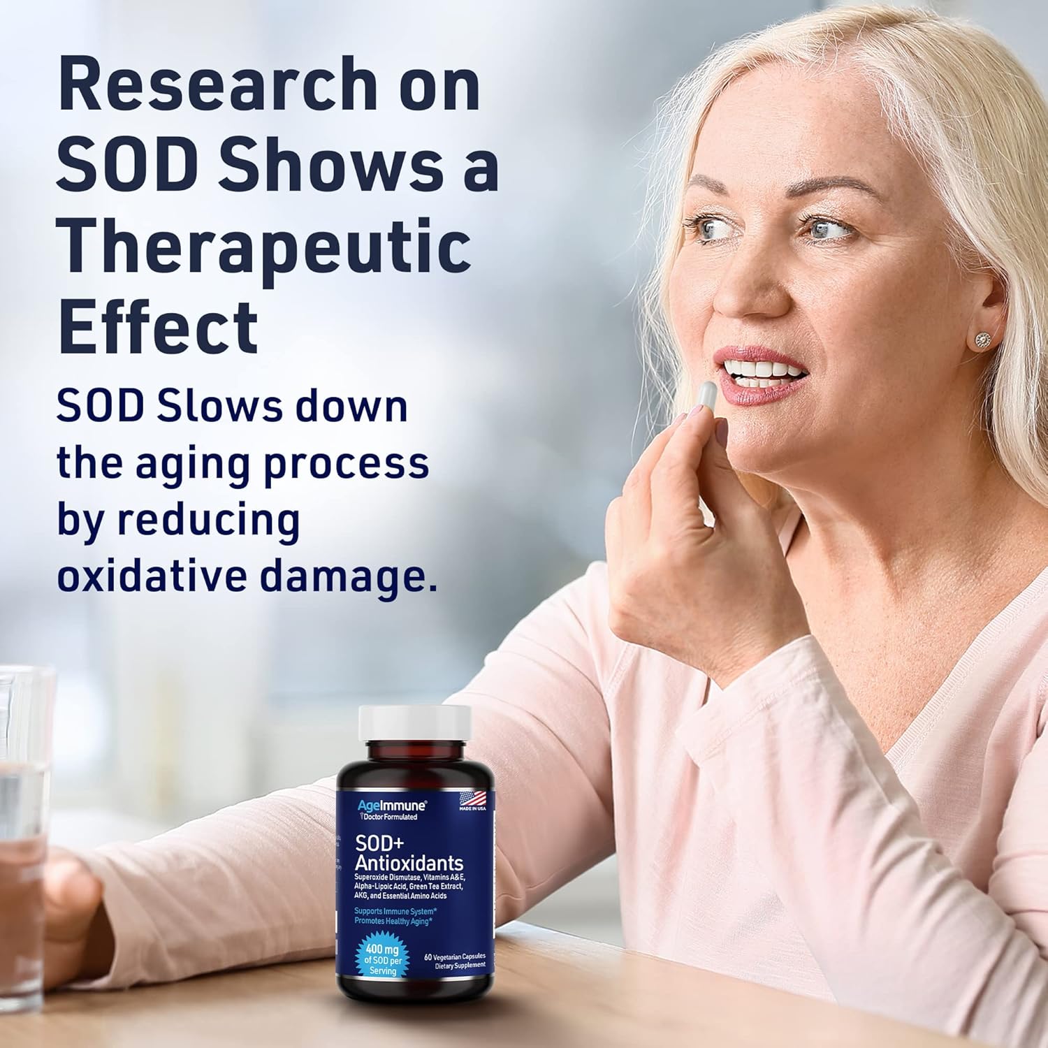 400mg AgeImmune SOD Antioxidants Complex Supplement for Healthy Aging - Alpha Lipoic Acid, L-Arginine, Lysine, AKG - Immune Support with Vitamin A & E - 60 Capsules