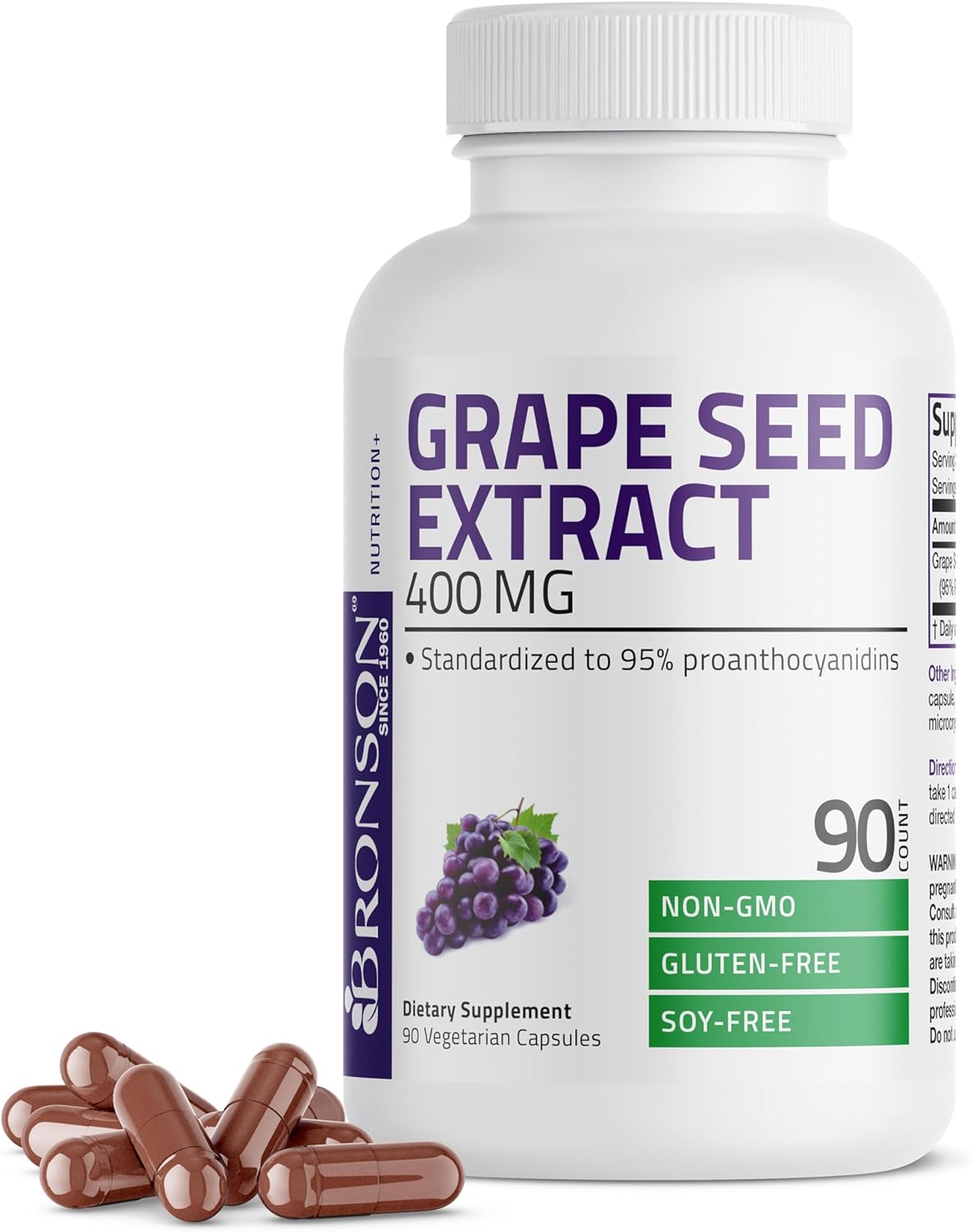 400mg Bronson Grape Seed Extract - Powerful Antioxidant & Immune Booster - 95% Proanthocyanidins - Non-GMO, 90 Veg Caps