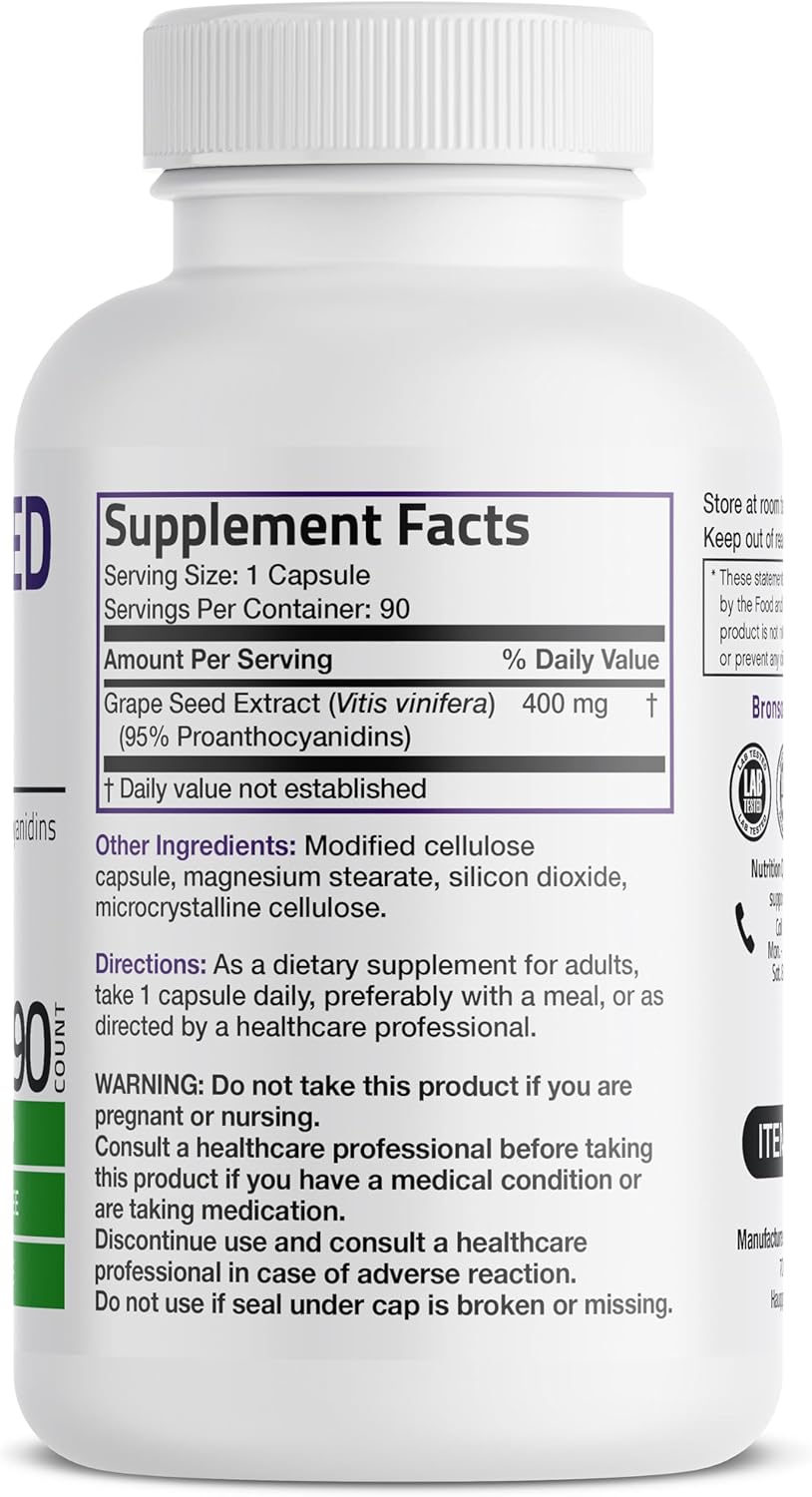 400mg Bronson Grape Seed Extract - Powerful Antioxidant & Immune Booster - 95% Proanthocyanidins - Non-GMO, 90 Veg Caps