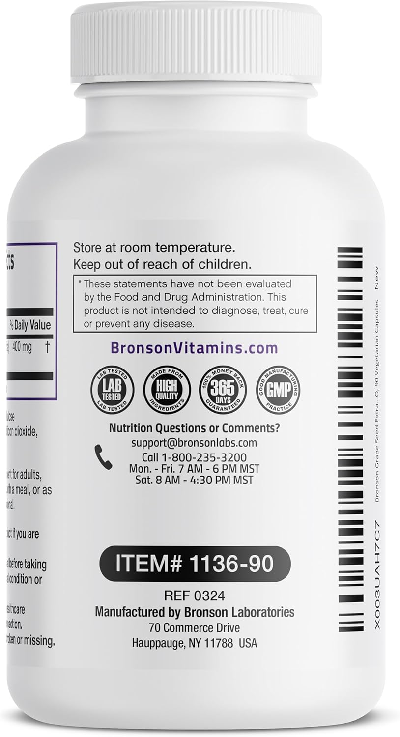 400mg Bronson Grape Seed Extract - Powerful Antioxidant & Immune Booster - 95% Proanthocyanidins - Non-GMO, 90 Veg Caps