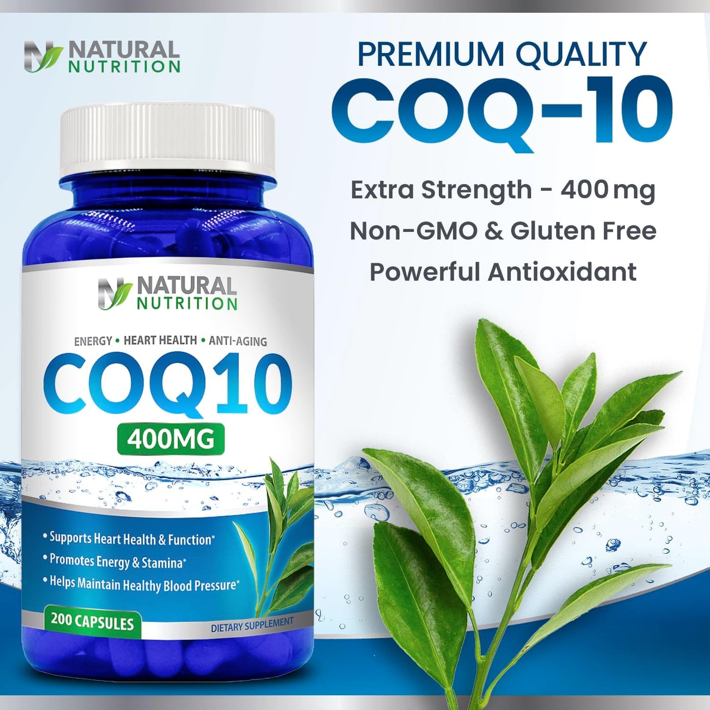 400mg CoQ10 Capsules - 200 Count, High Absorption Natural Vitamin Supplement, Maximum Strength, Gluten Free & Non-GMO
