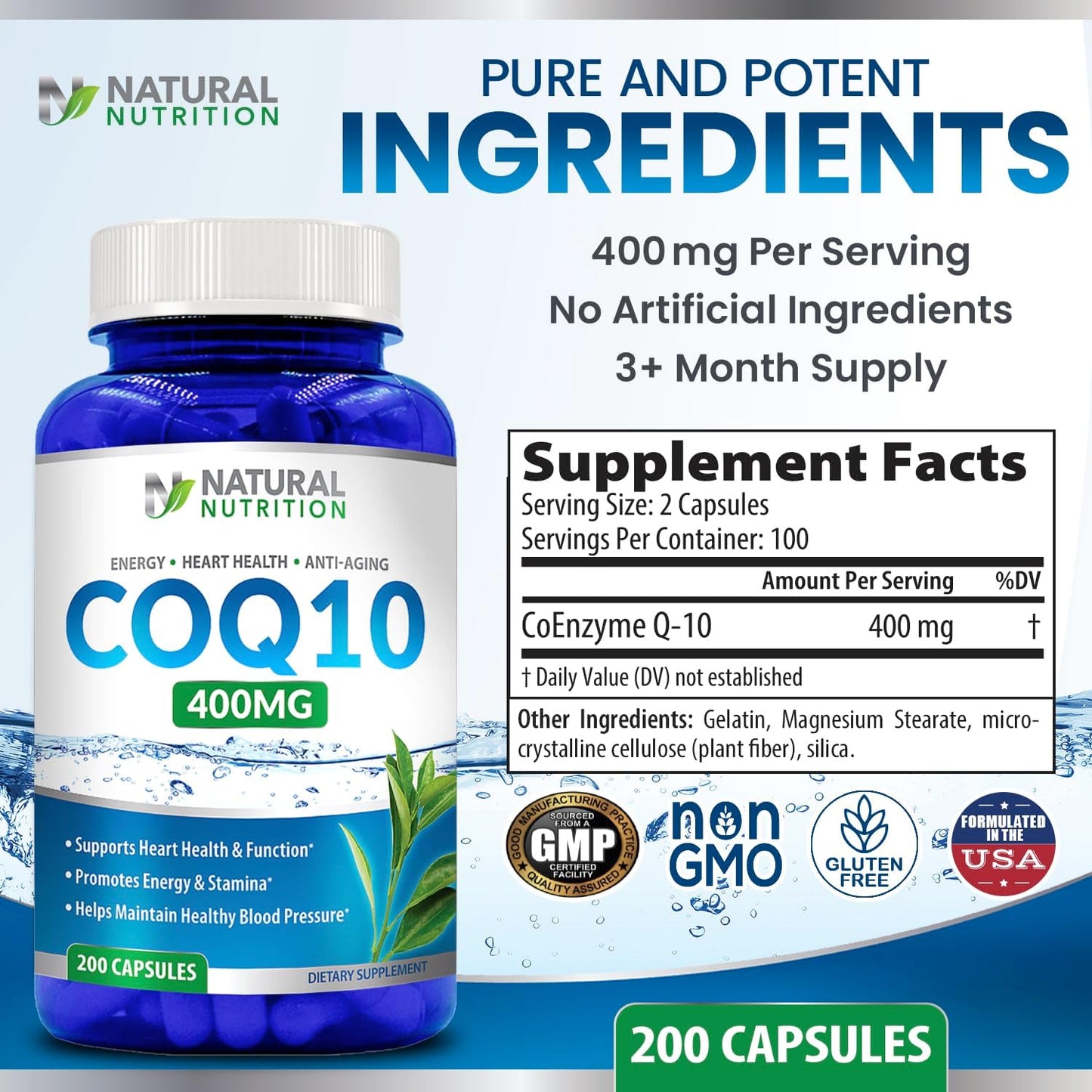 400mg CoQ10 Capsules - 200 Count, High Absorption Natural Vitamin Supplement, Maximum Strength, Gluten Free & Non-GMO