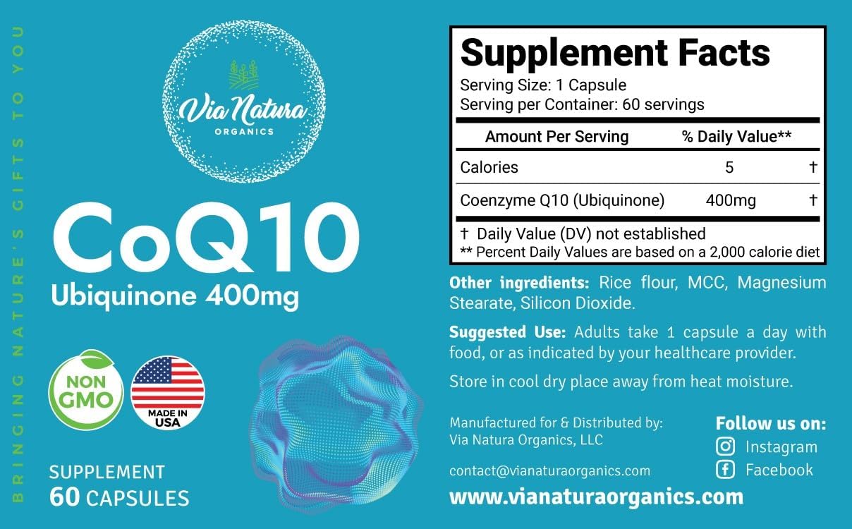 400mg CoQ10 Ubiquinone Supplement by Via Natura Organics - 60 Capsules
