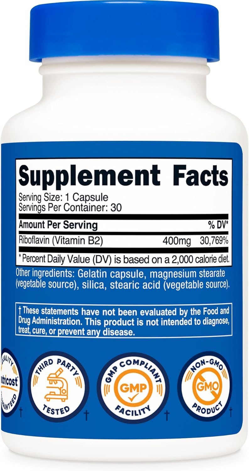 400mg Nutricost Riboflavin (Vitamin B2) Capsules - 30 Count, Gluten-Free & Non-GMO