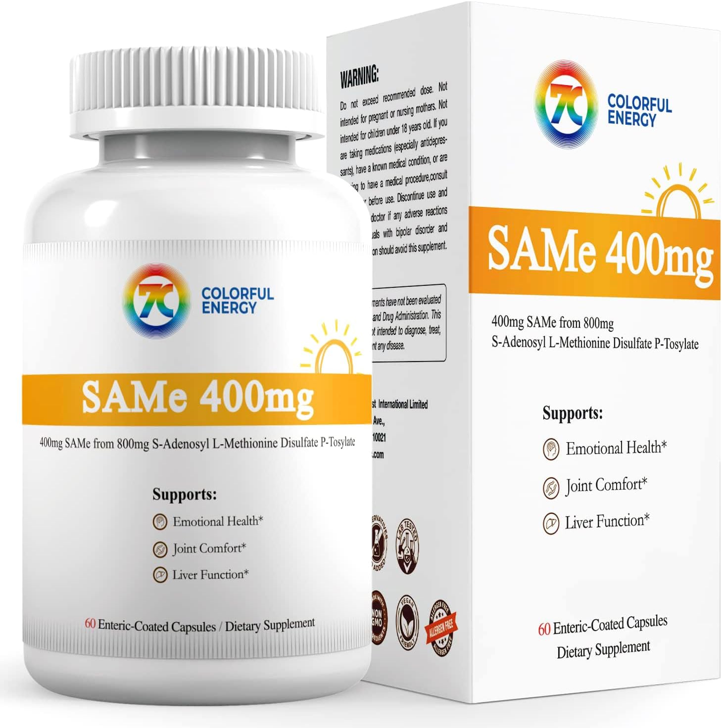 400mg SAM-e Supplement with Vitamin B6 and B12 for Mood and Joint Support - Vegan, Non-GMO, Gluten-Free - 60 Enteric Coated Capsules