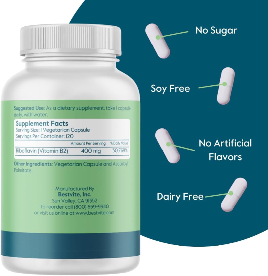 400mg Vitamin B-2 (Riboflavin) Capsules - 240 Vegetarian Capsules (120 x 2) - Vegan, Non-GMO, Gluten-Free - No Stearates