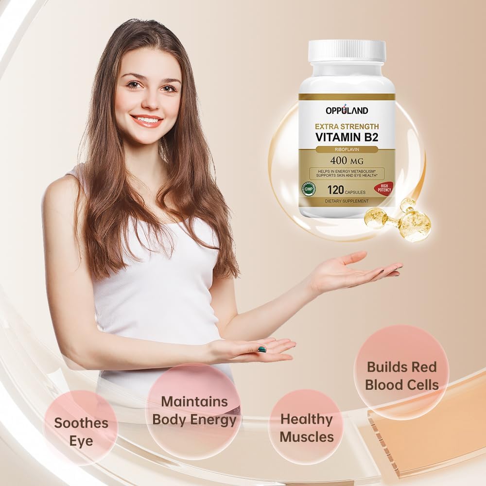 400mg Vitamin B2 (Riboflavin) for Energy Metabolism Support - 120 Veggie Capsules by oppuland