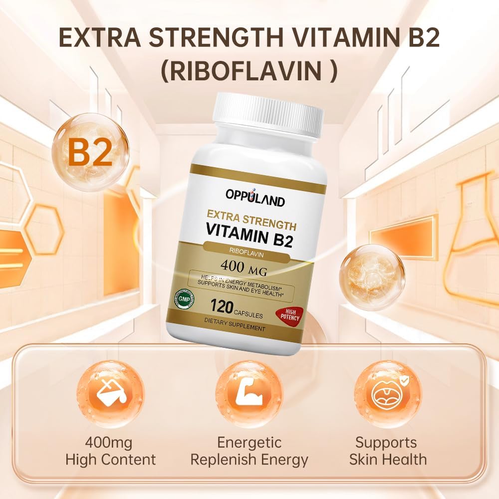 400mg Vitamin B2 (Riboflavin) for Energy Metabolism Support - 120 Veggie Capsules by oppuland