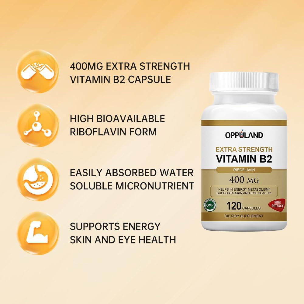 400mg Vitamin B2 (Riboflavin) for Energy Metabolism Support - 120 Veggie Capsules by oppuland