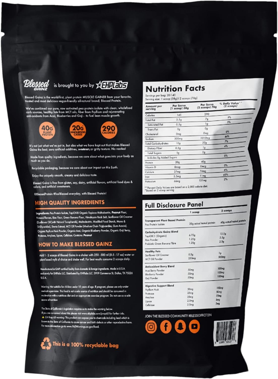 40g Plant Based Vegan Protein Powder Mass Gainer - Meal Replacement Shake with Pea Protein - 40 Servings (Peanut Butter)