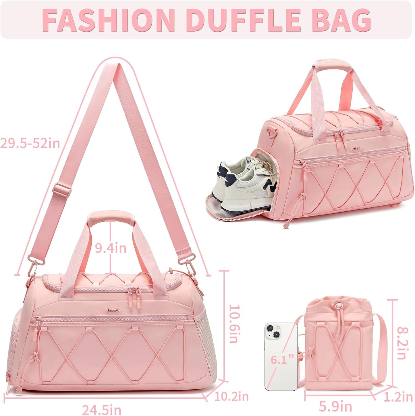 40L Sports Travel Duffel Bag Gym Backpack with Shoe Compartment for Women - Pink