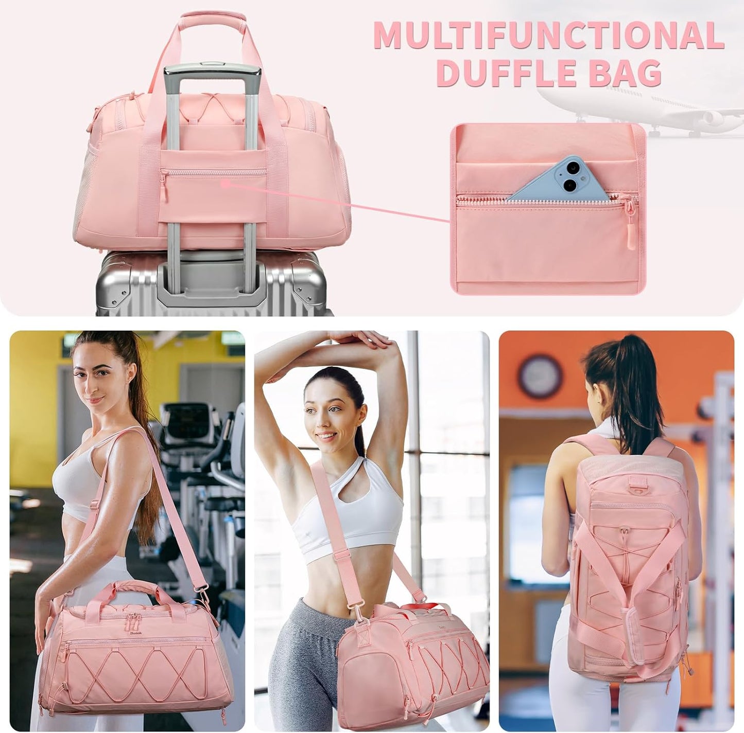 40L Sports Travel Duffel Bag Gym Backpack with Shoe Compartment for Women - Pink